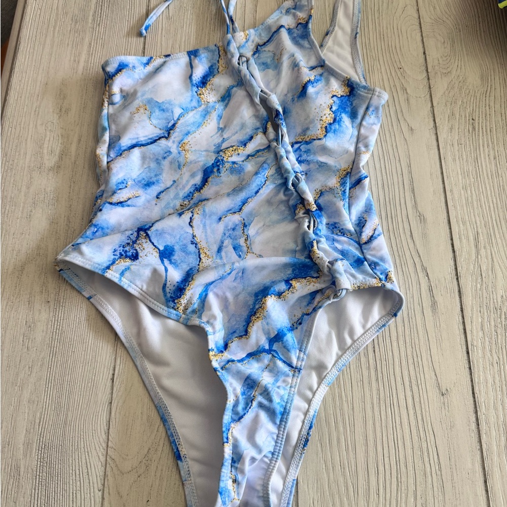 Women’s Blue Marble Print One-Piece Swimsuit